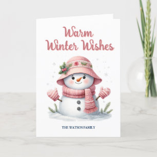 Tarjeta Festiva Muñeco de nieve rosa Deseos cálidos de invierno