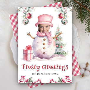 Tarjeta Festiva Muñeco de nieve rosa divertido foto cara diversión