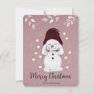 Tarjeta Festiva Muñeco de nieve rosa navideño adorable y pacífico