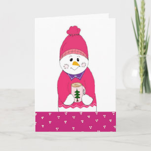 Tarjeta Festiva Muñeco de nieve rosado helado con chocolate calien