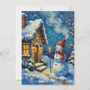 Tarjeta Festiva Muñeco de nieve vintage junto a una cabaña navideñ