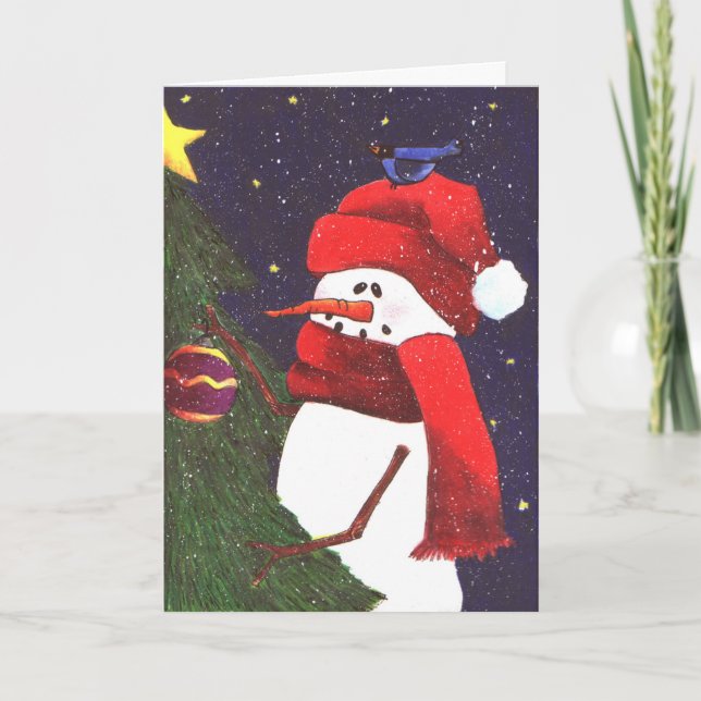 Tarjeta Festiva Muñeco de nieve y arrendajo azul (Anverso)