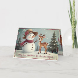 Tarjeta Festiva Muñeco de nieve y ciervo lindos