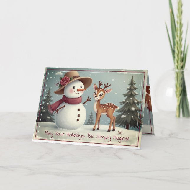 Tarjeta Festiva Muñeco de nieve y ciervo lindos (Anverso)