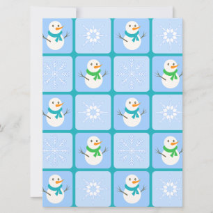 Tarjeta Festiva Muñeco de nieve y copos de nieve con patrón de cua
