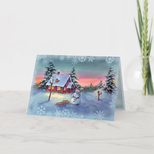 Tarjeta Festiva MUÑECO DE NIEVE y COPOS DE NIEVE de SHARON SHARPE