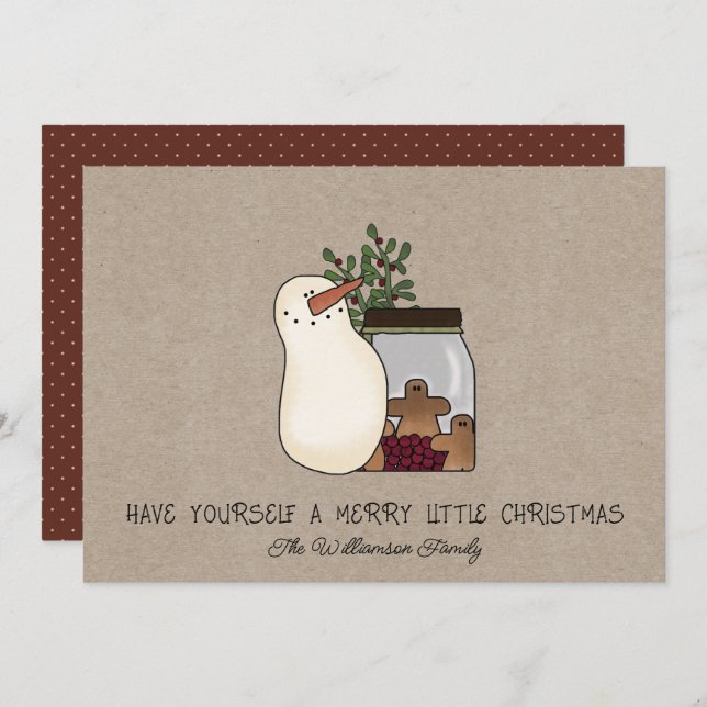 Tarjeta Festiva Muñeco de nieve y hombres de jengibre rústicos de  (Anverso / Reverso)