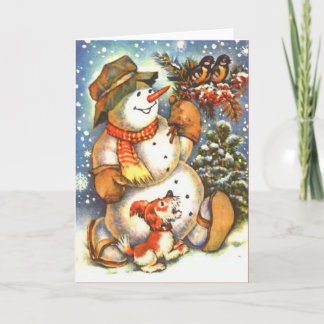 Tarjeta Festiva Muñeco de nieve y perro
