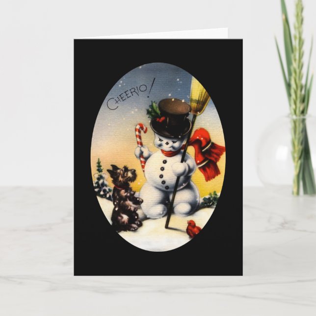 Tarjeta Festiva ¡Muñeco de nieve y perro Cheerio de Scotty! (Anverso)