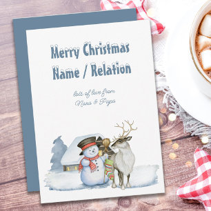 Tarjeta Festiva Muñeco de Nieve y Reno Texto Nevado Personalizado