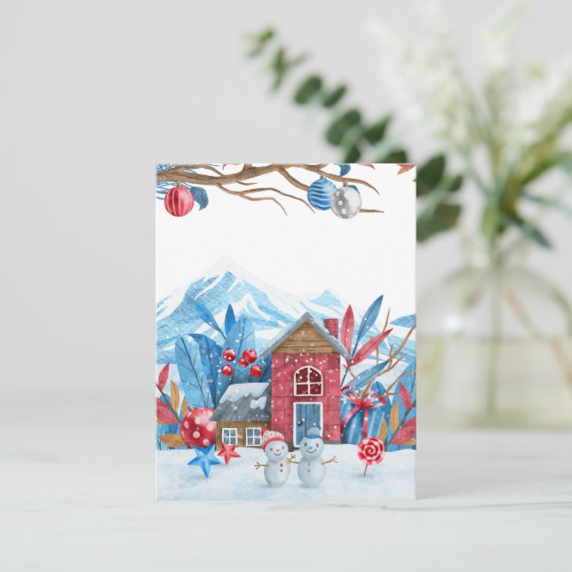 Tarjeta Festiva Muñecos de nieve en un país de ensueño invernal (Anverso de pie)