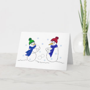 Tarjeta Festiva Muñecos de nieve jugando en la nieve