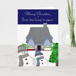 Tarjeta Festiva Muñecos de nieve y casa acogedora