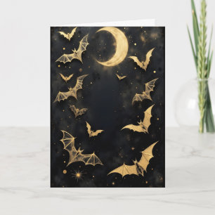 Tarjeta Festiva Murciélagos dorados y Halloween de luna creciente