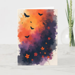 Tarjeta Festiva Murciélagos y flores de Halloween