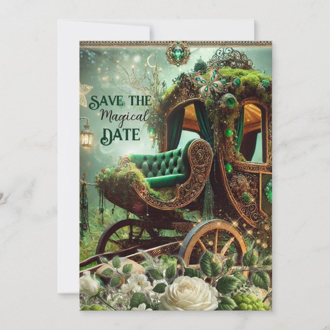 Tarjeta Festiva Musgo Mágico y Luz de Luna Carruaje Esmeralda Salv (Anverso)