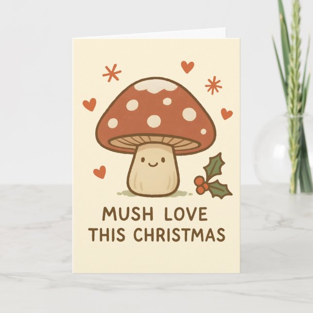Tarjeta Festiva Mush Love - Funny Mushroom Christmas Card (Anverso)