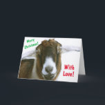 Tarjeta Festiva Mushy Romantic Goat Navidades<br><div class="desc">Una tarjeta de Navidades deliciosos y divertidos con una cabra romántica con amor en sus ojos. Personalice los mensajes y disfrute. Muchas gracias por buscar. Foto ©Christine Greenspan</div>