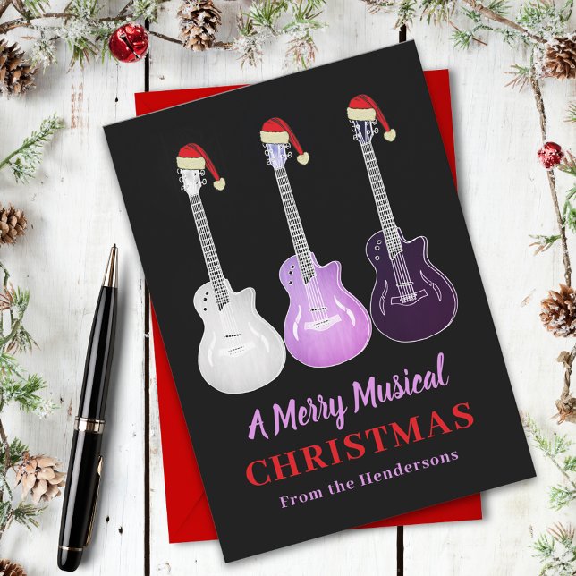 Tarjeta Festiva Música de guitarra de Navidades personalizados (Personalized merry christmas guitars wearing Santa hats holiday card santa hat pink electric guitars)