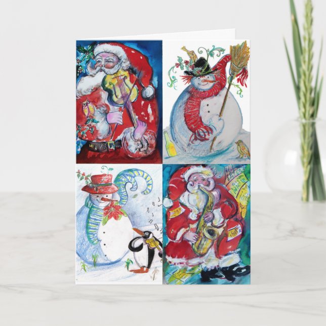Tarjeta Festiva MÚSICA HACIENDO Navidades graciosos A SANTA Y SNOW (Anverso)