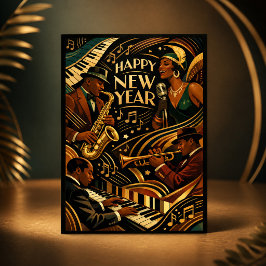 Tarjeta Festiva Música Jazz Art Deco Feliz Año Nuevo
