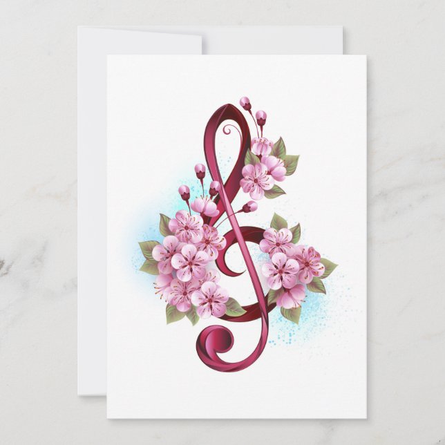 Tarjeta Festiva Musical treble clef notes with Sakura flowers (Anverso)