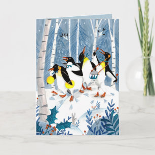Tarjeta Festiva Músicos azules lindos pingüinos nieve diversión
