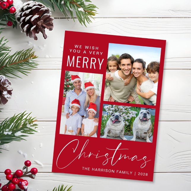 Tarjeta Festiva Muy Feliz 3 Navidades rojos fotográficos (This holiday season, let your family's smiles and heartwarming memories shine on our 3 photo card)