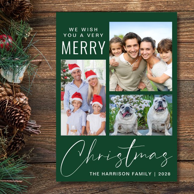 Tarjeta Festiva Muy Feliz 3 Navidades verdes de fotos (This holiday season, let your family's smiles and heartwarming memories shine on our 3 photo card)