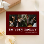 Tarjeta Festiva Muy Feliz Collage de fotos Rojo Moderno 3<br><div class="desc">Así Que Muy Merry Red Gold Moderno Tarjeta De Vacaciones De 3 Collages de fotos. Envíe personalizable y saludos personalizados de vacaciones a amigos, colegas y familia en festividades de diseño fotográfico simple, moda, elegante y moderno, tarjetas de estilo minimalista natural! Debajo de la caligrafía se muestra el mensaje de...</div>