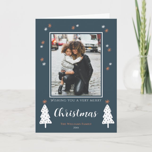 Tarjeta Festiva Muy Feliz Navidad, moderna foto de Doodle Trees (Anverso)