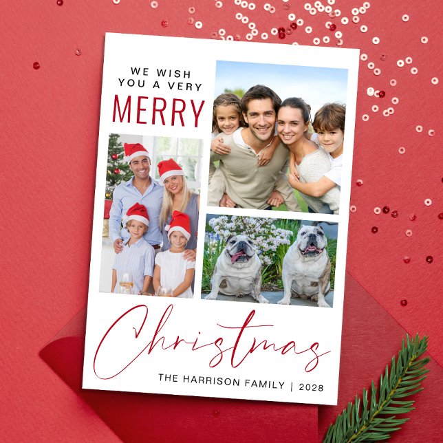 Tarjeta Festiva Muy Merry 3 Navidades fotográficos (This holiday season, let your family's smiles and heartwarming memories shine on our 3 photo card)