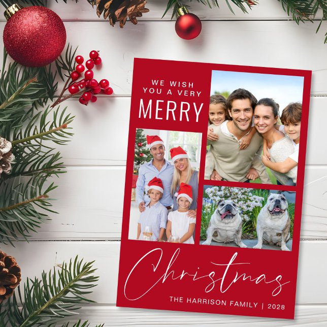 Tarjeta Festiva Muy Merry 4 Navidades rojos fotográficos (This holiday season, let your family's smiles and heartwarming memories shine on our 3 photo card)