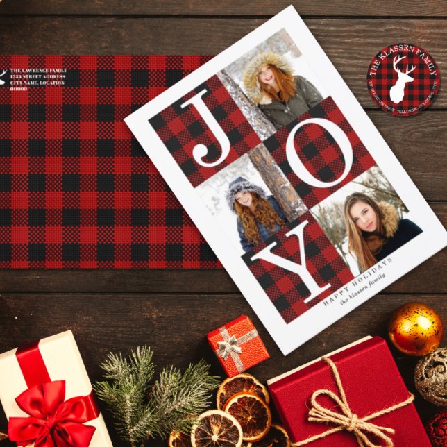 Tarjeta Festiva Muy Merry Plaid | 3 Foto (Elegant buffalo plaid 3-photo Christmas holiday card.)