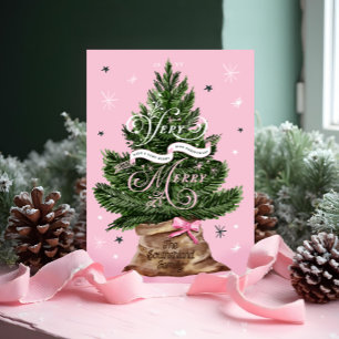 Tarjeta Festiva Muy Merry Retro Vintage Pink Christmas Tree Bow
