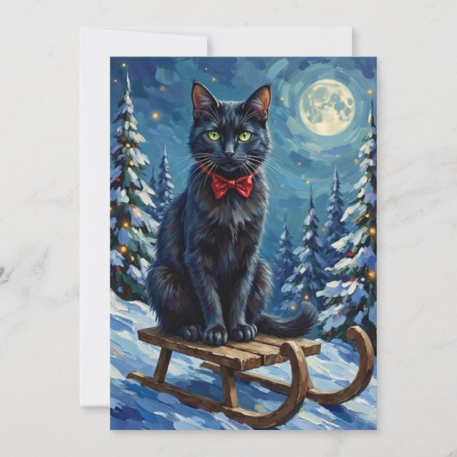 Tarjeta Festiva Mystical Black Cat Enchanted Winter Sled Christmas (Anverso)