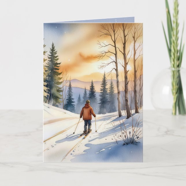 Tarjeta Festiva Nacimiento de la acuarela del esquí de fondo (Anverso)