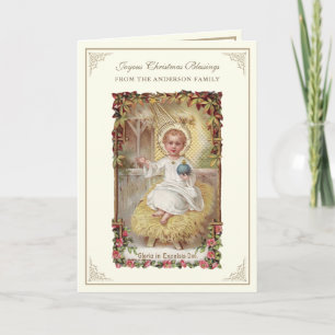 Tarjeta Festiva Nacimiento Jesús Poinsettias Rosario
