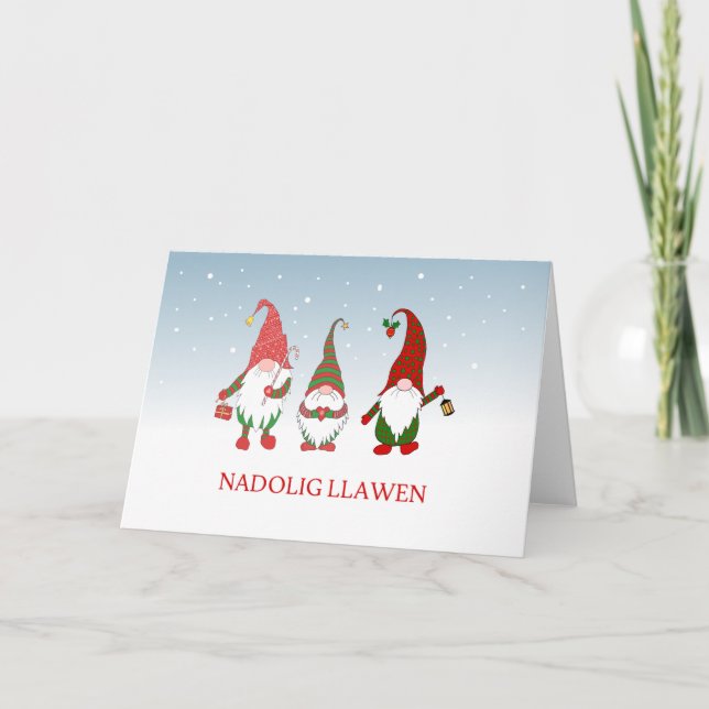 Tarjeta Festiva Nadolig Llawen Welsh Tres gnomos divertidos en la  (Anverso)