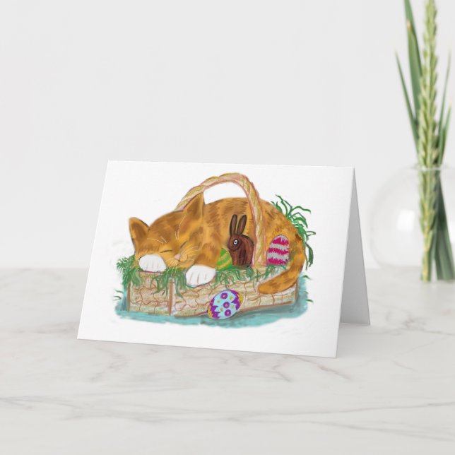 Tarjeta Festiva Napa de gato en una canasta de Pascua (Anverso)