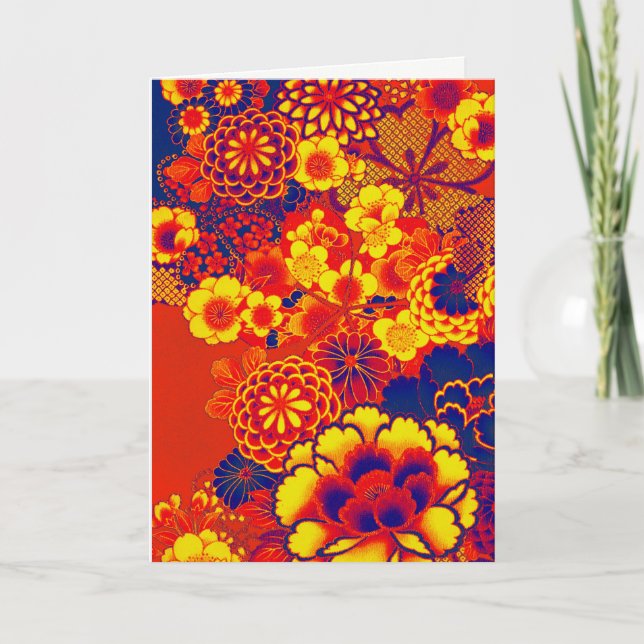 Tarjeta Festiva Naranja AMARILLO FLOWERS Peony, Rosas floral japon (Anverso)