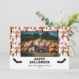 Tarjeta Festiva Naranja de Halloween Mushroom Black Bat Fall