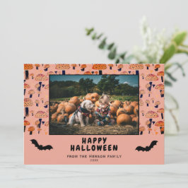 Tarjeta Festiva Naranja de Halloween Mushroom Black Bat Fall
