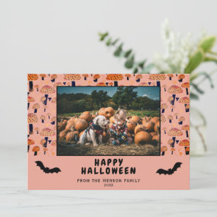 Tarjeta Festiva Naranja de Halloween Mushroom Black Bat Fall