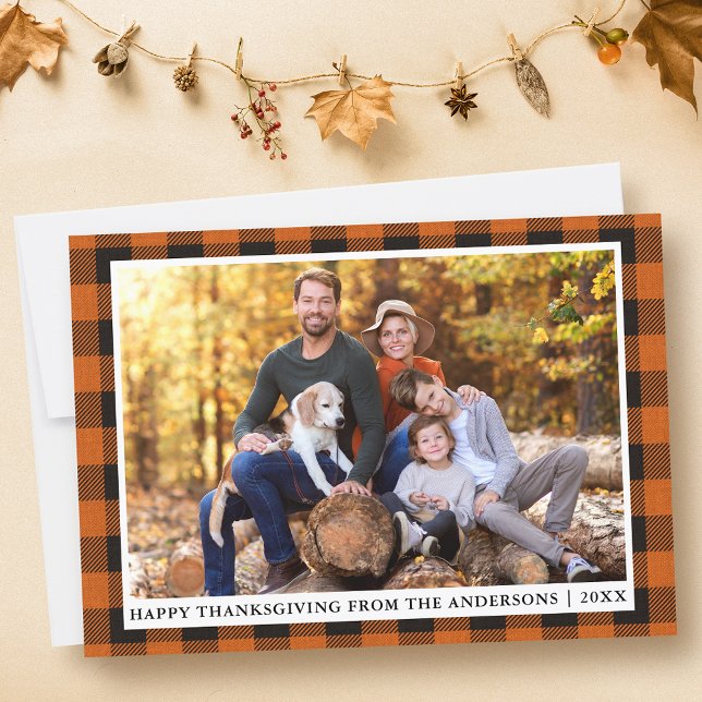 Tarjeta Festiva Naranja de otoño plaid Happy Thankde Photo (Customize to change text size or text style.)