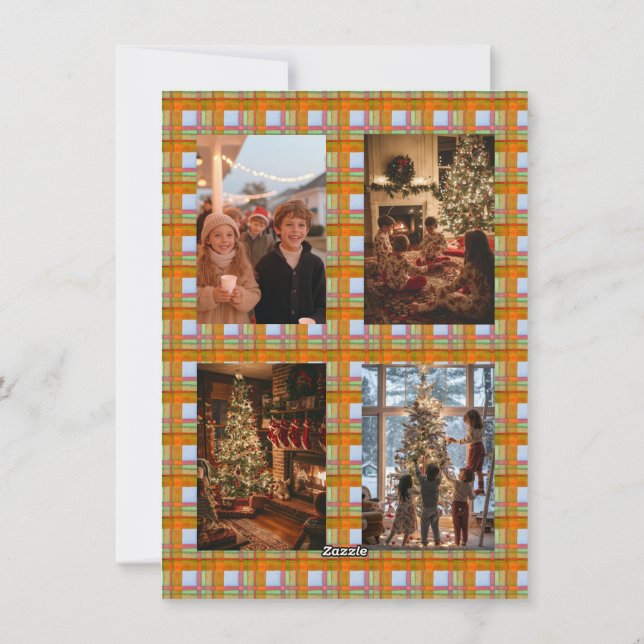 Tarjeta Festiva Naranja de Plaid Bow Garland 5 Navidades de fotogr (Reverso)