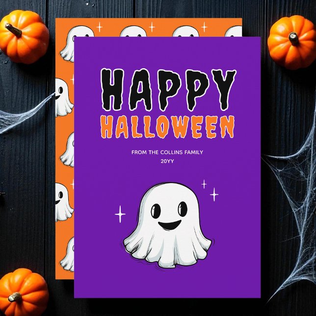 Tarjeta Festiva Naranja fantasma lindo Purple Spooky Feliz Hallowe (Cute Ghost Orange Purple Spooky Happy Halloween Holiday Card)