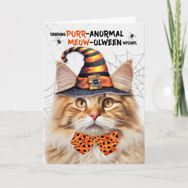 Tarjeta Festiva Naranja Fluffy Tabby Cat PURRolween anormal (Anverso)