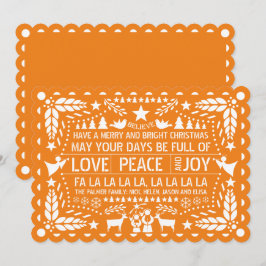 Tarjeta Festiva Naranja Love Peace Joy papel Navidades de picado