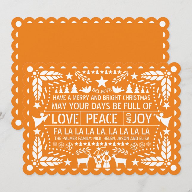 Tarjeta Festiva Naranja Love Peace Joy papel Navidades de picado (Anverso / Reverso)